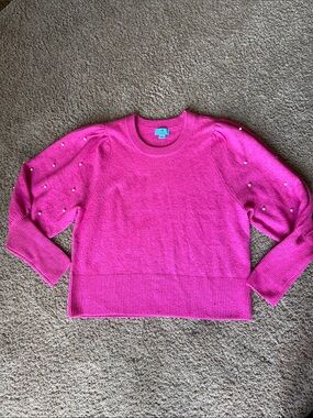 CeCe Hot Pink Pearl-Embellished Crewneck Sweater Size L